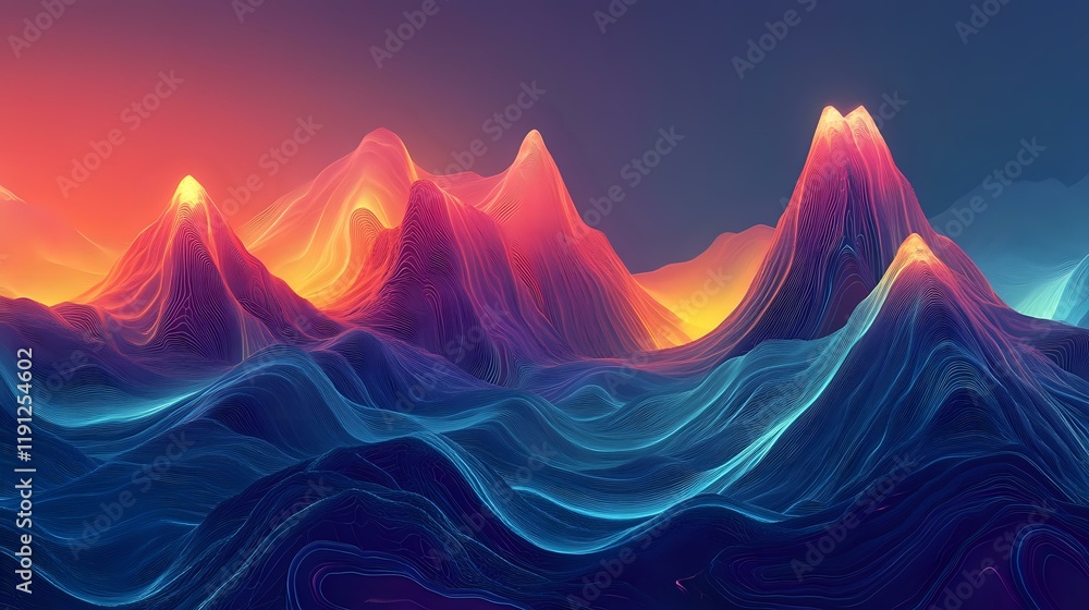 Poster abstract dynamic waves with glowing peaks, highlighted by vibrant color gradients and a futuristic i