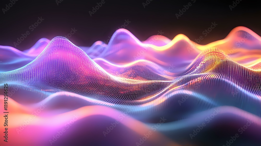 Poster abstract glowing data waves forming dynamic peaks with soft gradients, creating a futuristic backgro