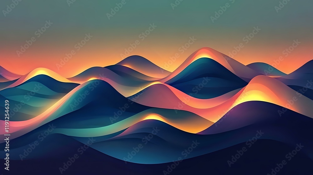 Poster abstract dynamic waves with glowing peaks, highlighted by vibrant color gradients and a futuristic i