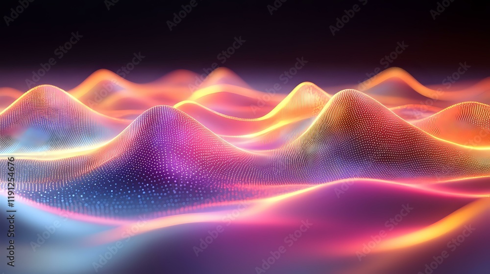 Poster abstract glowing data waves forming dynamic peaks with soft gradients, creating a futuristic backgro