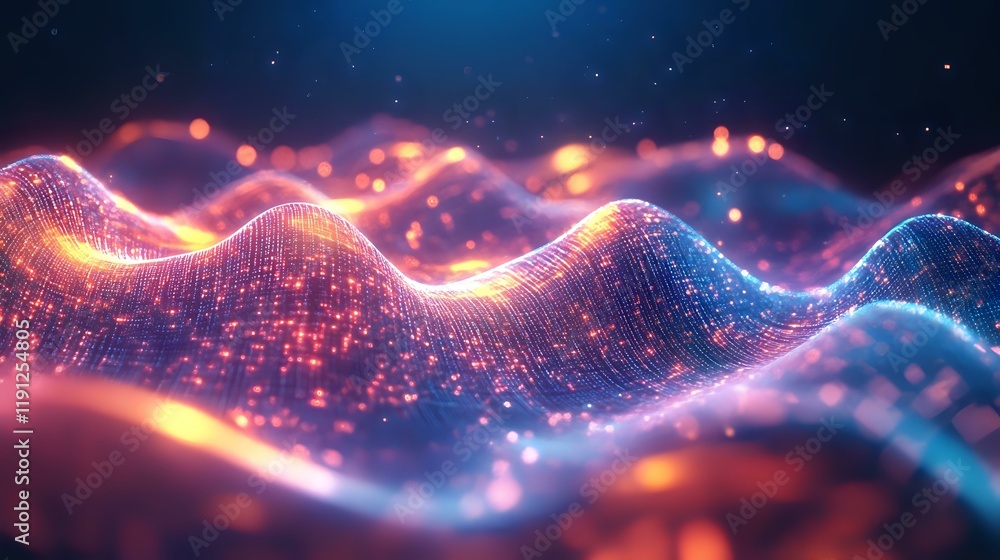 Poster abstract glowing waveforms with dynamic peaks and radiant light effects, blending seamlessly into a 