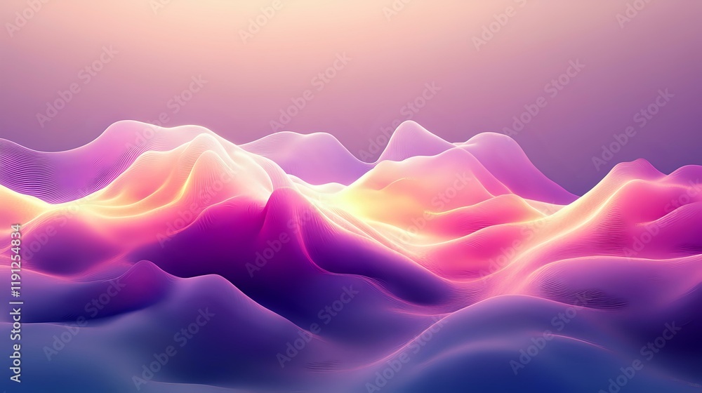 Poster abstract glowing waveforms with peaks radiating soft light, creating a futuristic digital design in 