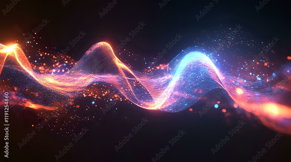 Poster abstract glowing waveforms with dynamic peaks and radiant light effects, blending seamlessly into a 
