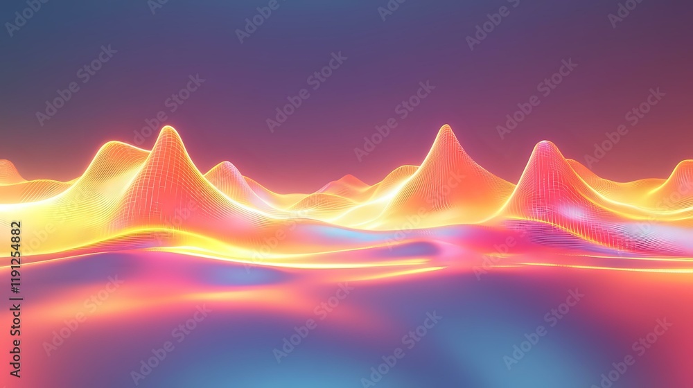 Poster abstract glowing waveforms with peaks radiating soft light, creating a futuristic digital design in 