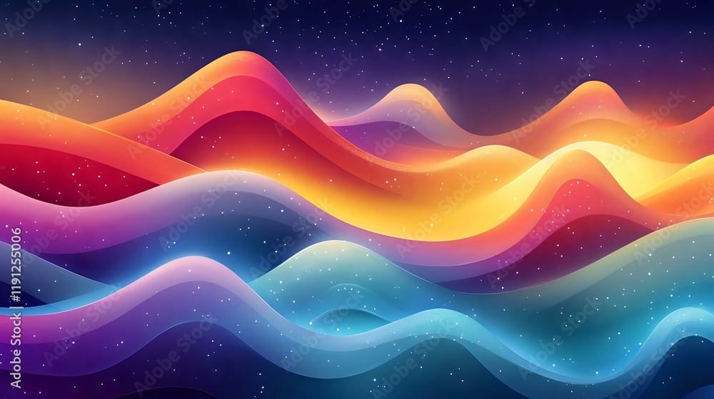 Poster bright abstract wave patterns with glowing peaks flowing in a harmonious rhythm, illuminated by soft