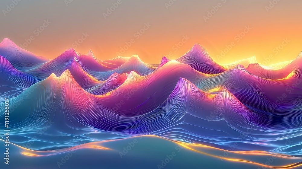 Poster bright abstract wave patterns with glowing peaks flowing in a harmonious rhythm, illuminated by soft