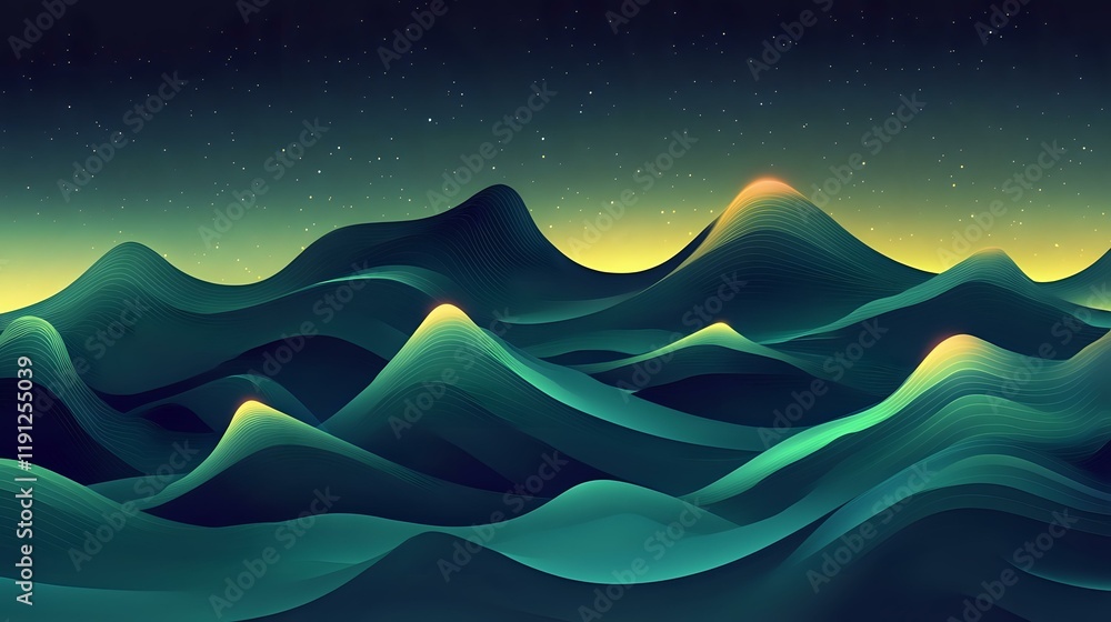 Poster bright abstract wave patterns with glowing peaks flowing in a harmonious rhythm, illuminated by soft