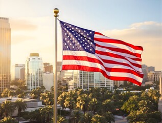Naklejka premium An American Flag or USA Flag flutters in front of a California city, illuminated by a stunning sunset, celebrating Independence, unity and Freedom.