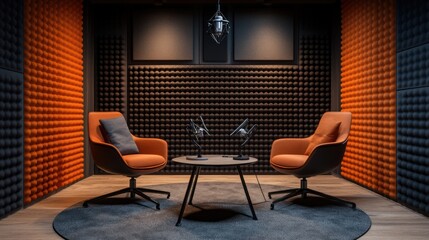 Recording studio with two chairs, microphones, acoustic walls for podcast use