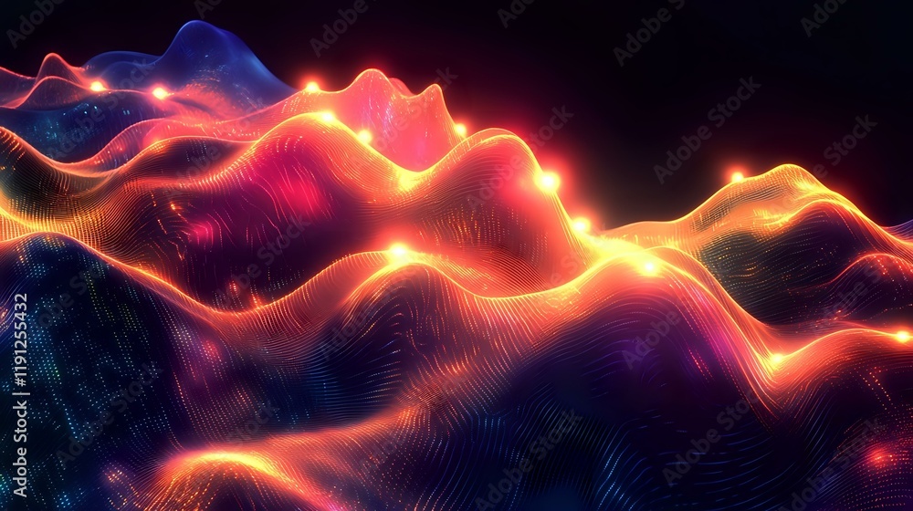 Poster glowing data-inspired waveforms with bright peaks in a fluid abstract design, highlighted by vibrant