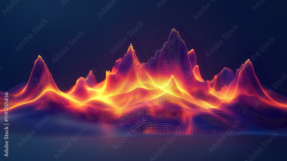 Poster glowing peaks and dynamic waveforms with radiant colors and smooth blending, creating a futuristic a