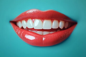 Fototapeta premium Close-up of beautiful female smile showing perfect white teeth and glossy red lips on a turquoise background
