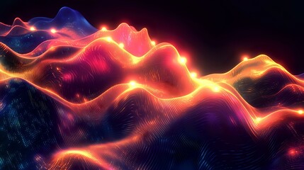 Glowing data-inspired waveforms with bright peaks in a fluid abstract design, highlighted by vibrant colors and smooth transitions
