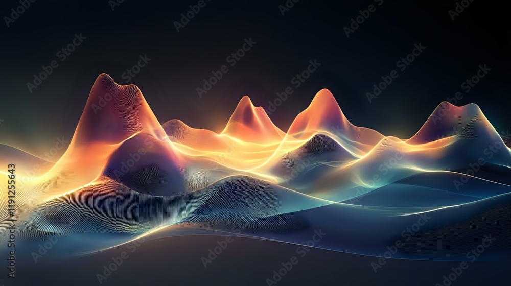 Poster glowing peaks in abstract waveforms radiating soft light, creating a futuristic digital design with 