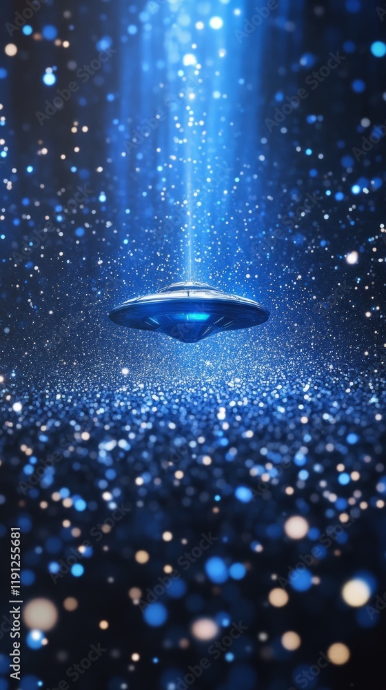 Poster mysterious spaceship hovering above a sparkling surface, illuminated by a blue beam of light, creati