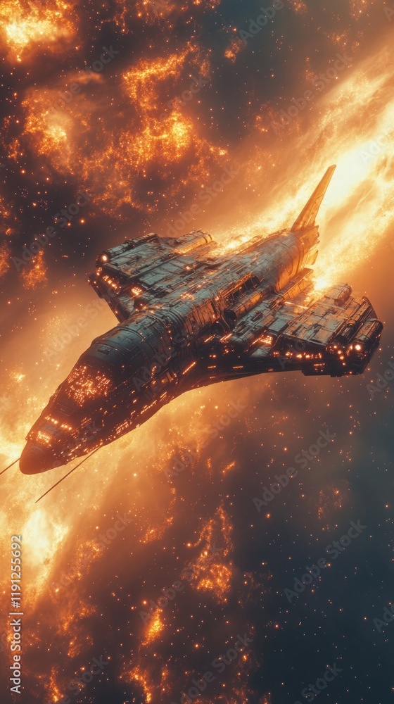 Poster futuristic spaceship traversing a fiery nebula in deep space