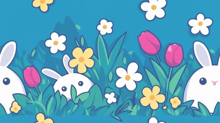 Playful Bunnies Hiding Among Pastel Flowers in Bright Garden Scene