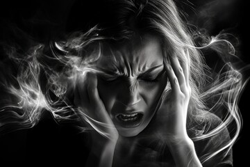 Woman holding her head and screaming, surrounded by smoke, expressing her pain and mental health issues