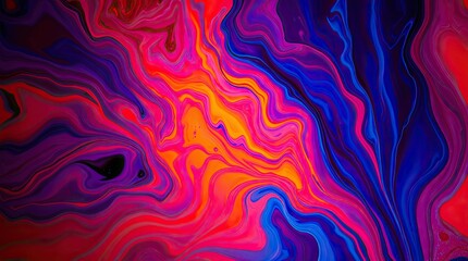 Abstract artwork electric-colored liquid paints gently blending in a slow, mesmerizing flow