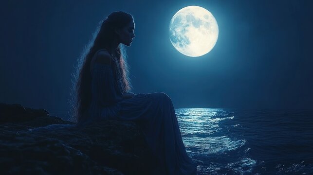 Woman in long dress sits by ocean, gazing at full moon at night.