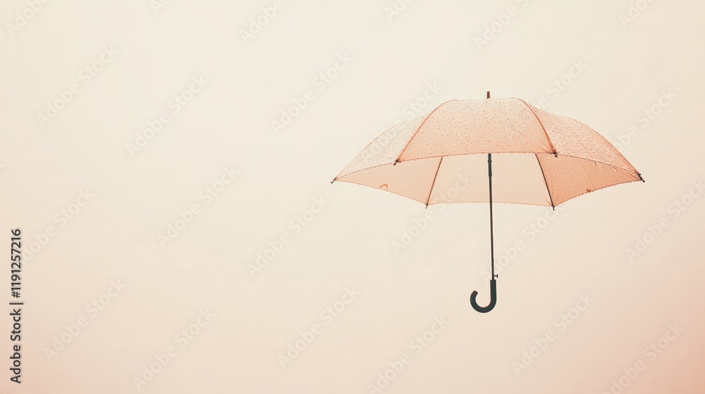 Aufkleber Peach umbrella with water droplets levitating in a pastel background, creating a surreal and minimalist atmosphere with copy space on the left