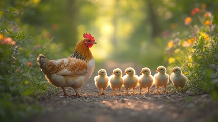 Hen leading her chicks on a path in a sunlit garden.