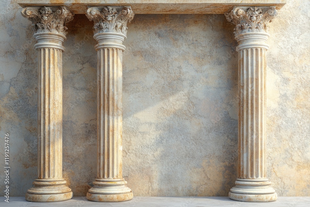 Poster three classic fluted columns with capitals supporting a stone lintel on a grunge wall, creating a sc