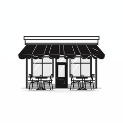 An outdoor cafe, tables and chairs, an icon, a black-and-white hand-drawn sketch, without people., isolated on a white background