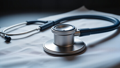Stethoscope on white medical sheet with soft lighting, highlighting modern minimalist medical equipment