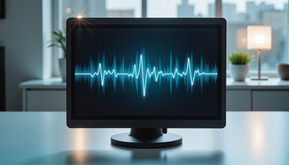 Heartbeat monitor screen displaying a steady pulse waveform in a calm medical atmosphere