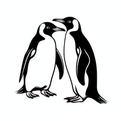 Two penguins facing each other, side view, icon, simple black and white sketch isolated on a white background, picture, image for printing on a T-shirt, background, no people