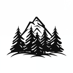 Obraz premium Mountain, mountain landscape, icon, mountain peaks, spruce forest, at the foot of the mountains, coniferous, trees, clouds, simple, black and white sketch, painting, image for printing on a T-shirt