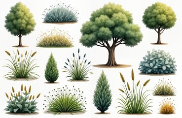 Set of various plants like trees bushes, grasses. Watercolor style illustration shows different types of plants. Perfect for architecture, landscaping design projects. Ideal for use in nature