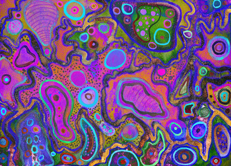 Psychedelic abstract with pink neon colors and geometric patterns. The dabbing technique near the edges gives a soft focus effect due to the altered surface roughness of the paper.