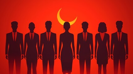 Worshippers Standing Silhouetted Under Glowing Crescent Moon