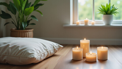 Serene meditation space with lit candles and a cushion, promoting a calm ambiance for mindfulness