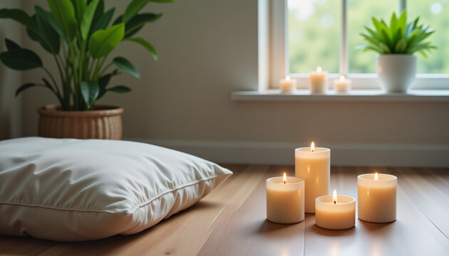 Serene meditation space with lit candles and a cushion, promoting a calm ambiance for mindfulness