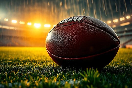 Rain-Soaked American Football on a Green Field Under Dramatic Sunset Lighting in a Stadium