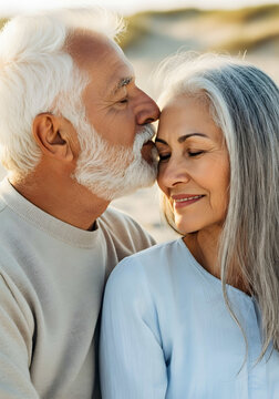 Tender moment of elderly couple on sandy beach