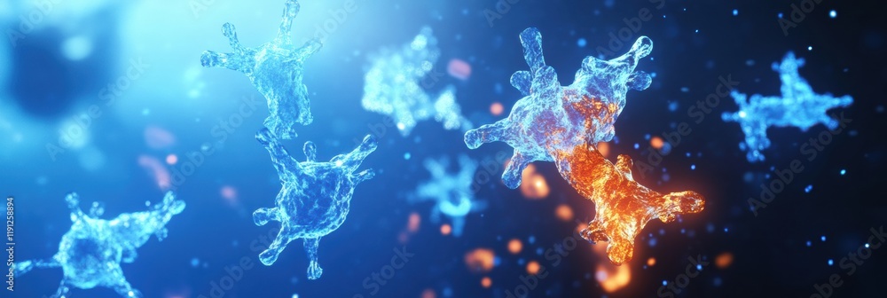 Aufkleber Visualization of antibodies engaging and attacking glowing viruses in a scientific representation. Generative AI
