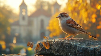 Sparrow perched, autumn leaves, church background.