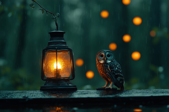 Owl perched beside an antique lantern in a serene setting during a light rain amidst glowing orbs