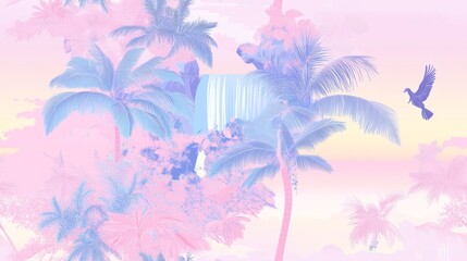 Obraz premium Dreamy Pastel Scene with Waterfall and Tropical Plants