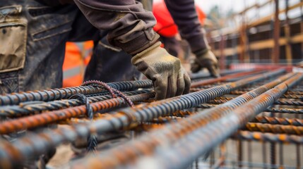 A close-up of a construction worker securing rebar with wire ties, with a concrete slab being prepared in the background, looking at the camera