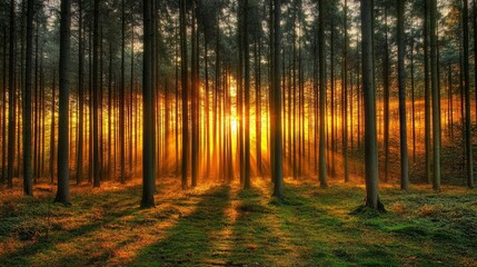 Fototapeta premium Golden Sunset Rays Illuminate Dense Forest Trees