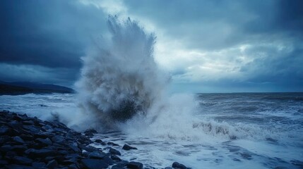 Obraz premium Dramatic Ocean Wave Crashing Against Rocky Shore