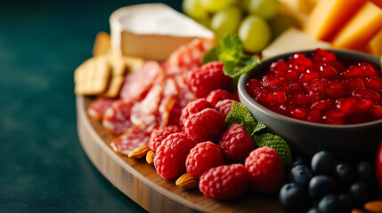 Delicious charcuterie board featuring assorted meats, cheeses, fruits, and crackers for a festive gathering