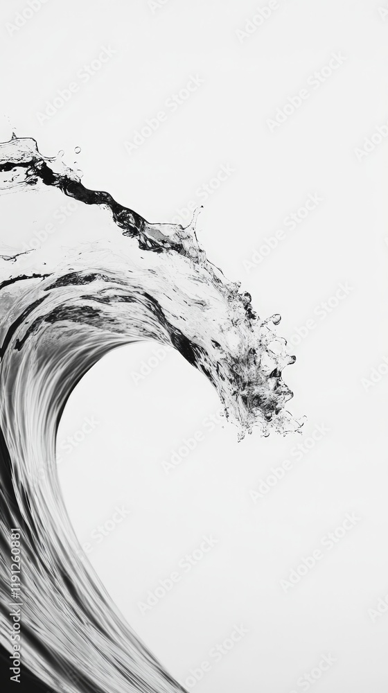 Poster Refreshing wave of pure water forming a beautiful curve and splashing, creating droplets on a clean white background, perfect for conveying purity, nature, and motion