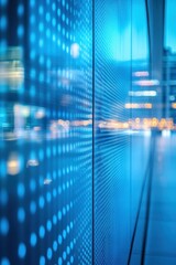 Futuristic cityscape reflections with blue neon lights in urban environment