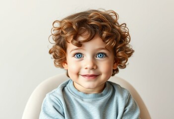 Naklejka premium A young boy with curly brown hair and bright blue eyes sitting on a chair